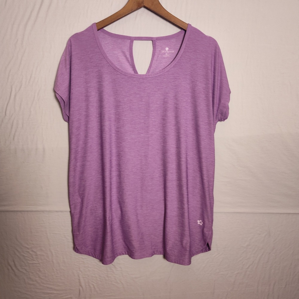 Tuff Athletics Women Purple Heathered Short Sleeve Keyhole Back Active Top XL